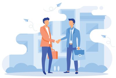 Business partnership relation concept idea with tiny people character. team working partner together template for web landing page, banner, presentation, mockup, social media. flat vector modern illus